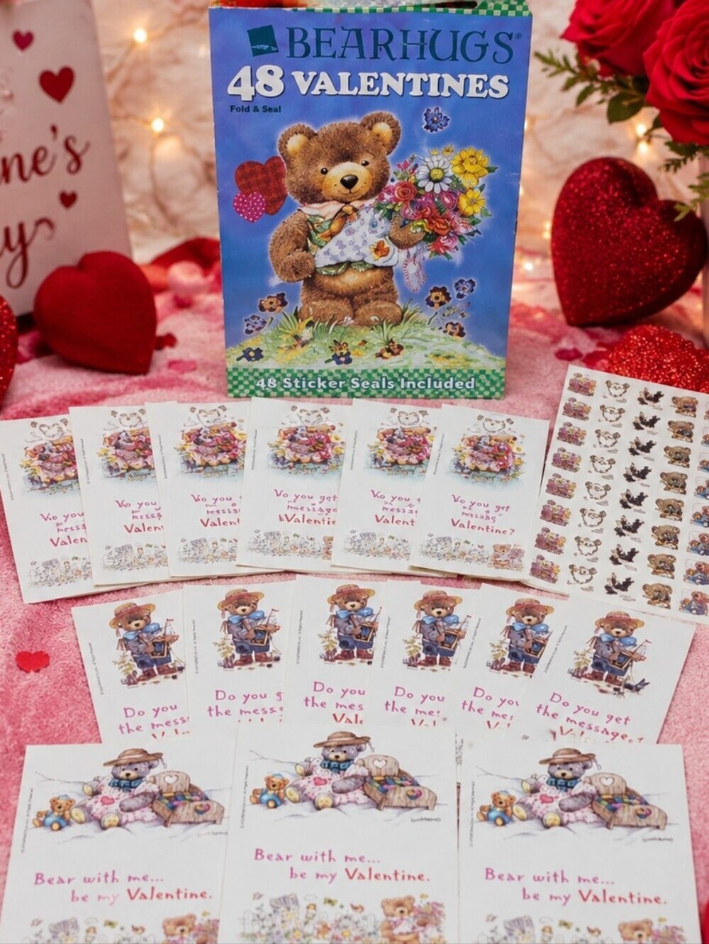 Vintage Bear Hugs 48 Fold & Seal Valentine's Day Cards Complete w/ Sticker Seals - Picture 1 of 8
